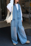 Blue Sleeveless Deep V Neck Loose Vacation Wide Leg Denim Jumpsuits Casual Outings Overall