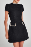 Black Rhinestone Decor Half A Turtleneck Short Sleeve Formal Evening Party A Line Chanel Style Mini Dress