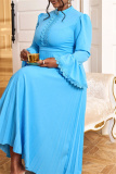 Blue Casual Ruched Half A Turtleneck Flare Sleeve Formal Evening Party Long Pleated A Line Maxi Dresses