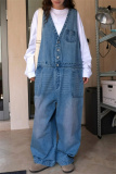 Blue Sleeveless Deep V Neck Loose Vacation Wide Leg Denim Jumpsuits Casual Outings Overall