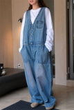 Blue Sleeveless Deep V Neck Loose Vacation Wide Leg Denim Jumpsuits Casual Outings Overall