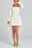 White Rhinestone Decor Turndown Collar Long Sleeve Formal Evening Party A Line Chanel Style Mini Dress