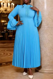 Blue Casual Ruched Half A Turtleneck Flare Sleeve Formal Evening Party Long Pleated A Line Maxi Dresses