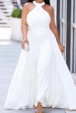 White Casual Sleeveless O Neck Formal Evening Party Bodycon Overlay Halter Jumpsuits