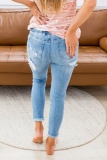 Light Blue Casual High Waist Skinny Ripped Denim Jeans