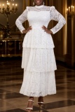 White Lace Flower Print Casual Half A Turtleneck Long Sleeve Formal Evening Party Ruffle Tiered Hem Maxi Dresses