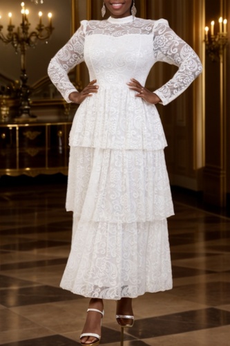 White Lace Flower Print Casual Half A Turtleneck Long Sleeve Formal Evening Party Ruffle Tiered Hem Maxi Dresses