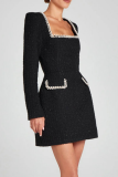 White Rhinestone Decor Turndown Collar Long Sleeve Formal Evening Party A Line Chanel Style Mini Dress