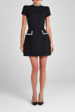 Black Rhinestone Decor Half A Turtleneck Short Sleeve Formal Evening Party A Line Chanel Style Mini Dress