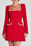 White Rhinestone Decor Turndown Collar Long Sleeve Formal Evening Party A Line Chanel Style Mini Dress