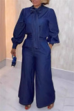 Blue Knotted Half A Turtleneck Long Sleeve Blouse And Wide Leg Pants Vacation Two Pieces Trouser Sets