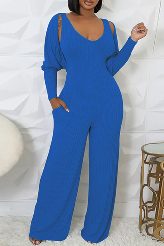 Light Gray Casual U Neck Long Sleeve Sweater Wide Leg Jumpsuit And Crop Tops Two Pieces Set