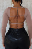 Black Backless U Neck Long Sleeve Slim Fitted Crop Tops