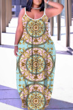 Dark Apricot Graphics Print Backless Spaghetti Strap Floor Length Vacation Baggy Sundress Slip Maxi Dress