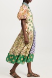 Multicolor Casual Print Turndown Collar Puff Sleeve Vacation A Line Pleated Midi Dresses