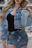 Blue Casual Letters Print Long Sleeve Denim Crop Jackets