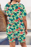 Orange Brown Casual Foral Print O Neck Short Sleeve Oversize T-shirt And Shorts Two Pieces Shorts Sets