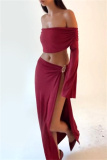 Black Off Shoulder Long Sleeve Crop Tops And Side Slit Maxi Skirt Formal Evening Party Two Pieces Dress Sets