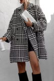 Black Casual Plaid Print Weave Turn-back Collar Cardigan Woolen Coat