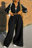 Black Zipper Collar Long Sleeve Jackets And Wide Leg Pants Sportwear Casual Two Pieces Trouser Sets