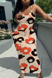 White Floral Print Sleeveless Backless Spaghetti Strap U Neck Vacation Bodycon Maxi Slip Dress