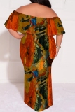 Green Casual Floral Print Off Shoulder Flutter Sleeve Long Loose Vacation Plus Size Maxi Dresses