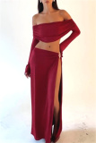 Black Off Shoulder Long Sleeve Crop Tops And Side Slit Maxi Skirt Formal Evening Party Two Pieces Dress Sets