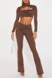Brown Casual Backless Long Sleeve Hollow Out Halter Crop Tops And Flare Leg Pants Two Pieces Trouser Sets