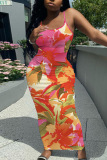 White Floral Print Sleeveless Backless Spaghetti Strap U Neck Vacation Bodycon Maxi Slip Dress