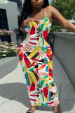 White Floral Print Sleeveless Backless Spaghetti Strap U Neck Vacation Bodycon Maxi Slip Dress