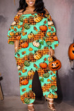 Multicolor Halloween Pumpkin Skull Print Off Shoulder Lantern Sleeve Casual Harem Leg Jumpsuits