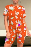 Orange Brown Casual Foral Print O Neck Short Sleeve Oversize T-shirt And Shorts Two Pieces Shorts Sets