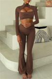 Brown Casual Backless Long Sleeve Hollow Out Halter Crop Tops And Flare Leg Pants Two Pieces Trouser Sets