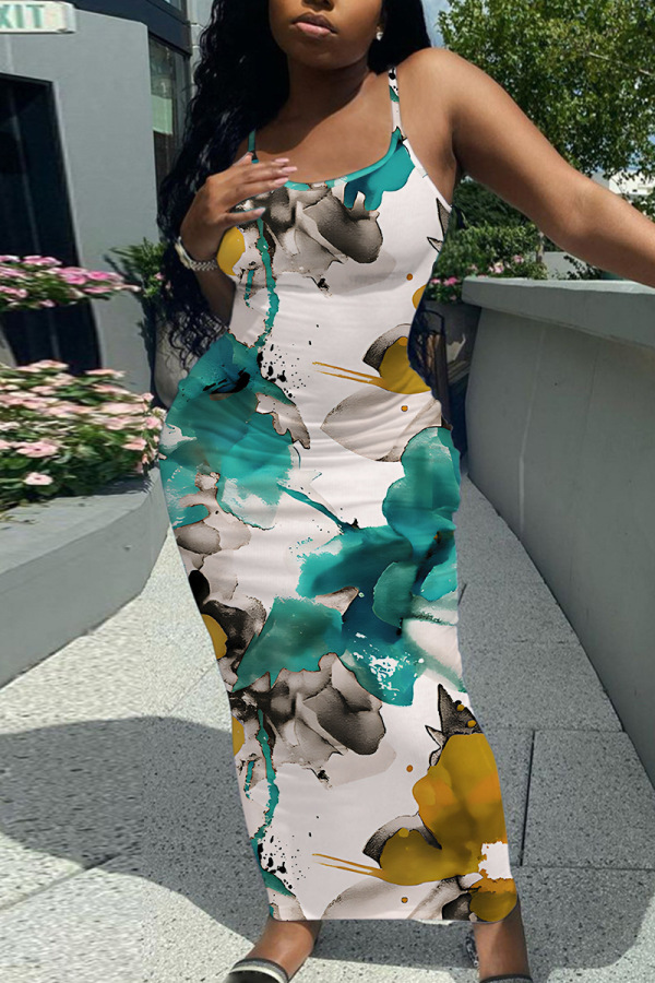 White Floral Print Sleeveless Backless Spaghetti Strap U Neck Vacation Bodycon Maxi Slip Dress