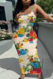 White Floral Print Sleeveless Backless Spaghetti Strap U Neck Vacation Bodycon Maxi Slip Dress