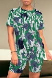 Orange Brown Casual Foral Print O Neck Short Sleeve Oversize T-shirt And Shorts Two Pieces Shorts Sets