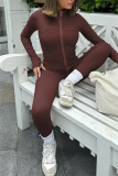 Brown Zipper Collar Long Sleeve Jackets And Skinny Sweatpants Casual Sportswear Two Pieces Jogger Sets