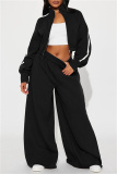 Black Zipper Collar Long Sleeve Jackets And Wide Leg Pants Sportwear Casual Two Pieces Trouser Sets