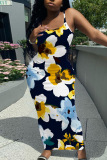 White Floral Print Sleeveless Backless Spaghetti Strap U Neck Vacation Bodycon Maxi Slip Dress