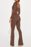 Brown Casual Backless Long Sleeve Hollow Out Halter Crop Tops And Flare Leg Pants Two Pieces Trouser Sets