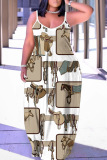 Black Graphics Print Backless Spaghetti Strap Floor Length Vacation Baggy Sundress Slip Maxi Dress