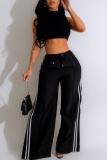 Black Casual Stripe Print High Waist Side Slit Sportwear Wide Leg Pants