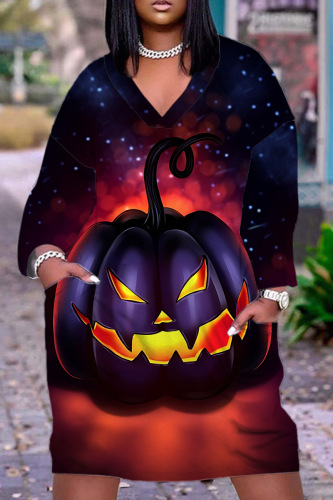 Orange Casual Halloween Pumpkin Print V Neck Long Sleeve Loose Midi Dresses