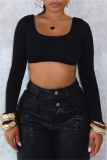 Black Backless U Neck Long Sleeve Slim Fitted Crop Tops