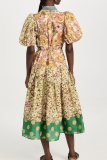 Multicolor Casual Print Turndown Collar Puff Sleeve Vacation A Line Pleated Midi Dresses
