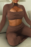 Brown Casual Backless Long Sleeve Hollow Out Halter Crop Tops And Flare Leg Pants Two Pieces Trouser Sets