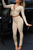 Apricot Casual Zipper Collar Long Sleeve Crop Jackets And Skinny Pants Sportwear Two Pieces Jogger Sets