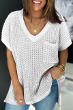 White Casual V Neck Short Sleeve Hollowed Out Pocket Knitted Crochet T-shirt