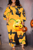 Orange White Casual Halloween Pumpkin Skull Print Off Shoulder Lantern Sleeve Harem Leg Jumpsuits