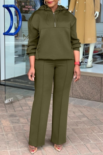 Army Green Casual Long Sleeve Hooded Sweatshirt And Pants Sportwear Plus Size Two Piece Jogger Set